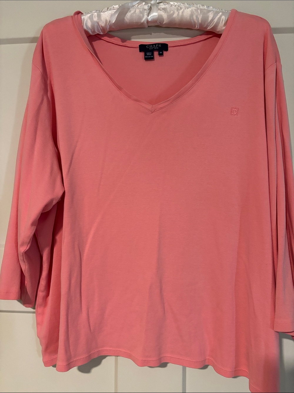 Chaps 100% Cotton Coral Pink V-Neck Long Sleeve Top